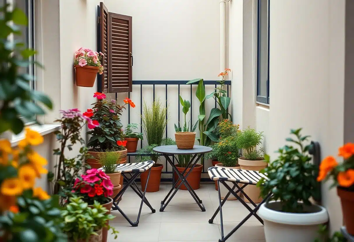Come arredare un balcone stretto con piante e sedute pieghevoli. Idee per creare un angolo di relax anche in spazi ridotti. - balcone stretto - WoW Home