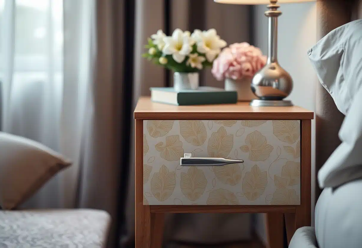 Restyling di un comodino con carta adesiva e maniglie nuove. Soluzione facile per dare un nuovo volto ai mobili usati - restyling comodino - WoW Home