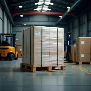 Ispezione tecnica di un pallet reggiato in area di carico con muletto e bancale controllato prima della restituzione