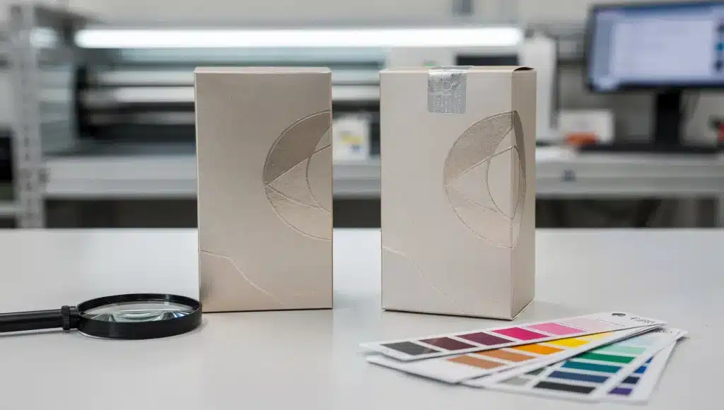 Controllo qualità su due confezioni cosmetiche quasi identiche con differenze di stampa, finitura e chiusura