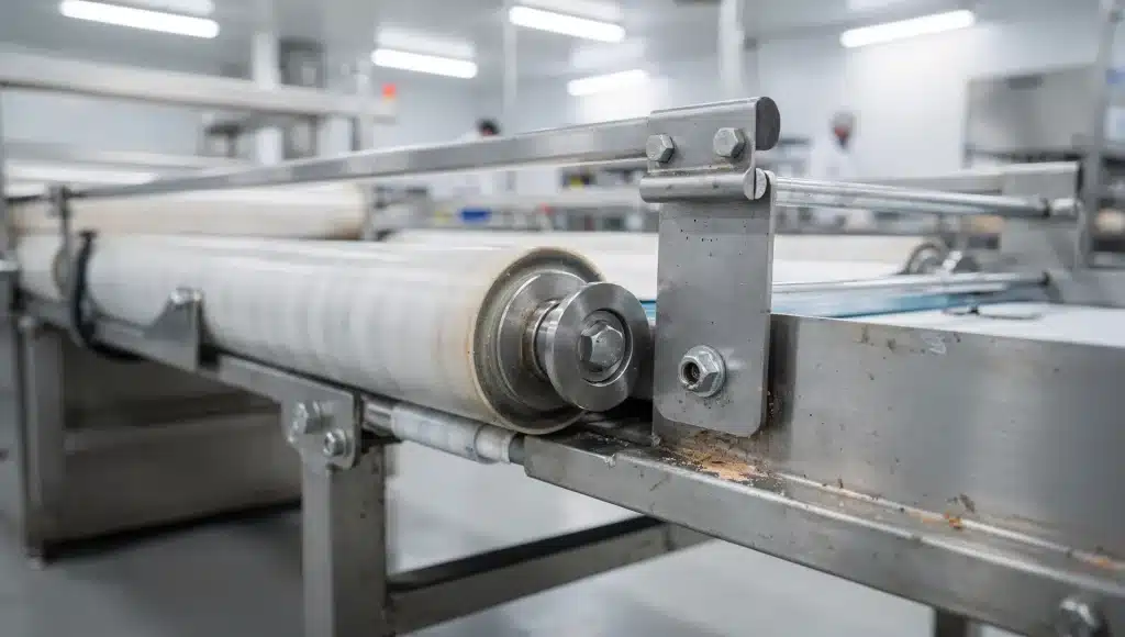 Nastro trasportatore metallico in acciaio inox in una linea alimentare con rinvio laterale e supporti di scorrimento