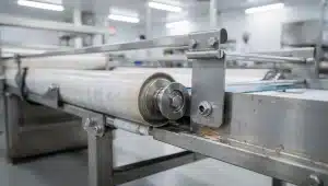 Nastro trasportatore metallico in acciaio inox in una linea alimentare con rinvio laterale e supporti di scorrimento